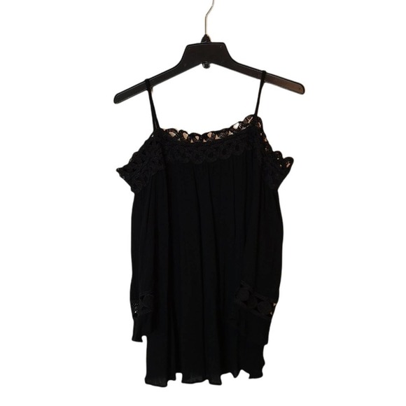 Aqua Black Cold Shoulder Blouse Lace Trim Boho Chic Top Preowned XS - Picture 7 of 8